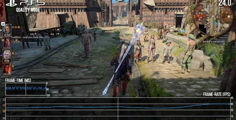 Performance mode up top, showing general play holding up well at 60fps, but struggling in the city of Baldur's Gate itself in Act Three. The bottom brace of shots show the 30fps quality mode. Performance in Act Three is much the same as performance mode, strongly indicating a CPU limitation.