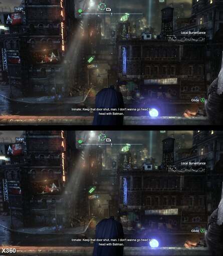 Another 3D comparison shot of Batman: Arkham City on the Xbox 360 (left) and PlayStation 3. Despite the HDMI 1.4 display format being the same, the Xbox 360 gets a very strange blur added.