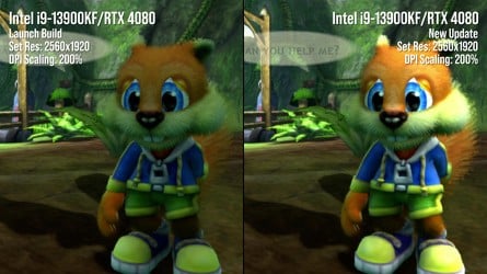 Launch and patched versions compared, with improved character lighting in Conker (left), removed shadow artefacts in Blinx (centre) and removed wireframes in Fuzion Frenzy. The latter two changes may not be visible on some screen sizes, given that they concern extremely fine lines. Click to enlarge. 