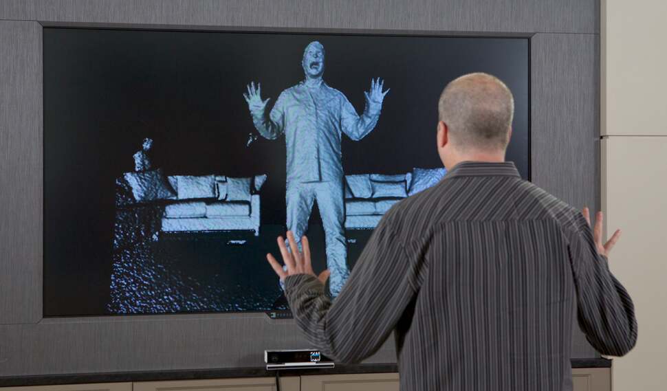 Here's how the new Kinect's depth sensor views the world. The depth resolution of 512x424 isn't an enormous leap over the 320x240 of the original. However, Microsoft claims that there's an operational range of 0.8m to 4.2m, a 70 degree horizontal optical field of view, 20ms latency to software and 14ms total exposure time. Latency is improved and Kinect is clearly more capable - full skeletal tracking while sitting down is now possible.