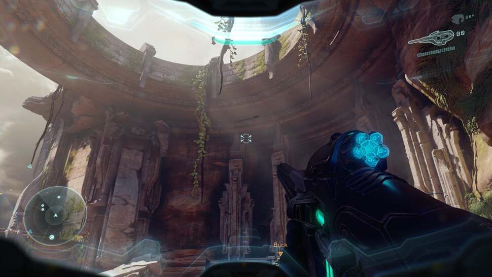 Halo 5 makes use of both screen-space light shafts and texture effects to mimic light volumes. Here we see a texture used to give the impression of dust filtering through the sunlight