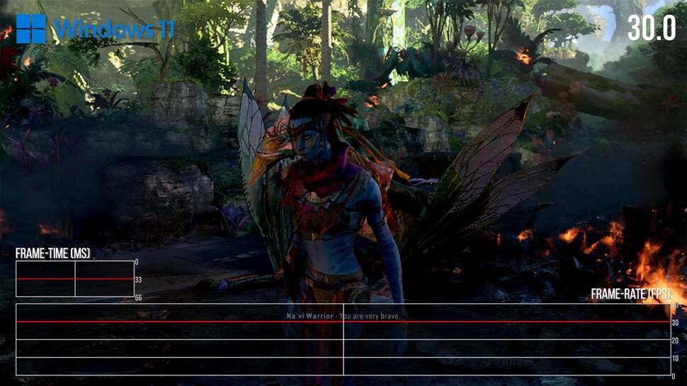 Heavy gameplay does cause some dips to performance, but we're still typically in the high 20s. There is no dynamic resolution support in Avatar, or reconstruction from under 720p, which may have helped