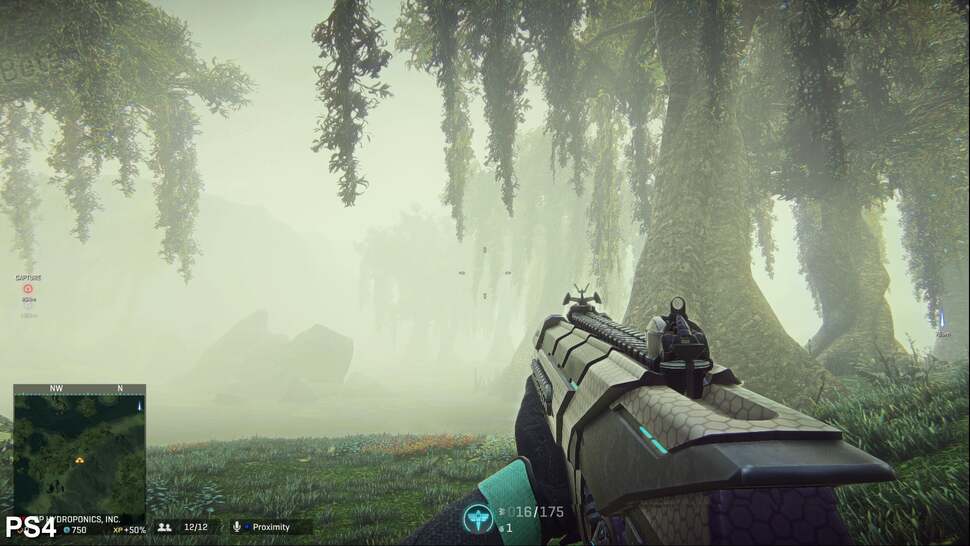 Weather effects are used throughout Planetside 2. For example, volumetric fog and mist are lit by the sun and the moon, with these elements holding lighting values to create depth
