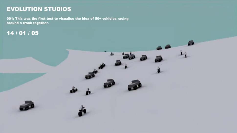 An early Motorstorm visualisation, showcasing the multi-vehicle type 'stampede' concept. The full sequence is in the main video at the top of this page