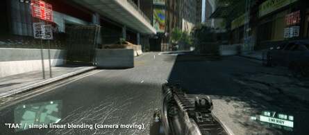 Crytek isn't keen on its PostMSAA technique being described as temporal anti-aliasing, which the developer says is essentially motion blur. Here we see a comparison between its definition of TAA and the actual effect on PostMSAA - both shots taken with the camera in motion.