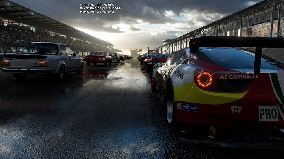 Forza Motorsport. 4K, 60fps, Xbox One quality settings with 4K assets. GPU utilisation is at 66.19 per cent, meaning there's a huge amount of overhead left over for improving visuals still further. Click on the thumbnail for a higher resolution image.