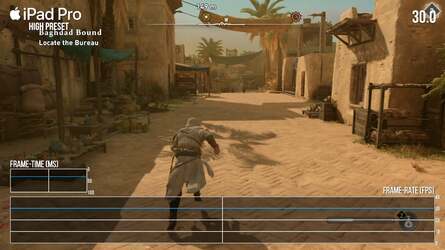 Assassin's Creed Mirage on its high settings effortlessly hits a consistent 30fps on Apple M4 silicon within the iPad Pro, while the iPhone 15 Pro struggles.