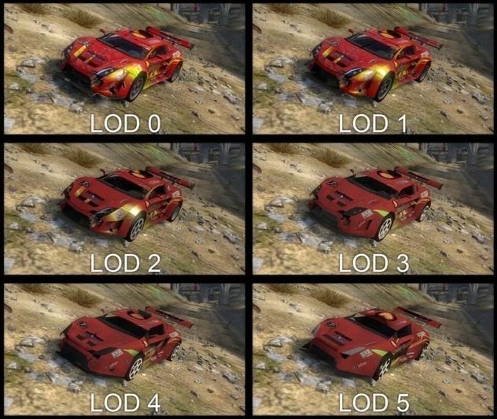 An example of the various LODs on a particular car. The game switches between them dynamically according to distance and overall load on the game engine.