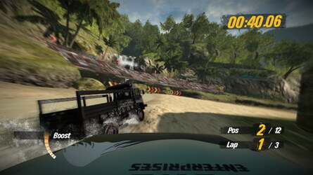 The introduction of proper depth perception makes the monster trucks in Motorstorm: Pacific Rift feel 'faster' than they do in the normal 2D version of the game (pictured).