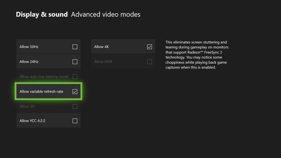 Variable refresh support is available from the dashboard for those enrolled in the Xbox Insider programme. Also interesting is support for auto-low latency screens, effectively meaning you won't need to set-up Game Mode on supported displays.