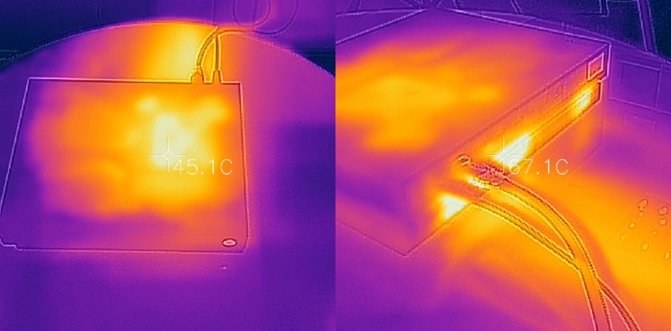 Thermal analysis of the Xbox One X. The skin of the console above the processor hits 45 degrees Celsius - but things get much hotter at the rear vents with a 67 degrees measurement. We recommend giving the back of the unit a decent amount of clearance.