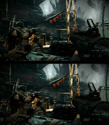 Killzone 3 really pushes back the boundaries of the PS3 architecture in 2D mode - the fact that there's a stereoscopic 3D mode at all is something of a technical marvel. Here you can see the 3D framebuffer as it leaves the PS3, left eye view on top, right on the bottom.