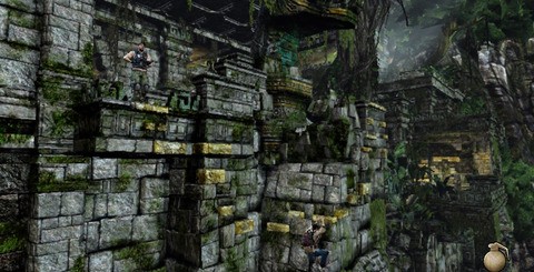 Four impressive vistas for your viewing pleasure. The skybox detailing the clouds and valleys that surround the jungle blends in nicely with the colour composition of the geometrical elements. Elsewhere, areas are densely packed with flora and ruinous structures, which in combination with too many enemies can result in poor performance.