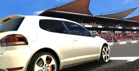 We'd need a ton of shots to show all the improvements Real Racing HD 2 on iPad 2 has over the original tablet but here you can see the difference 4x MSAA makes (top). Plus you can see that Firemint dropped in much more complex scenery too (bottom). Frame-rate is much smoother as a matter of course.