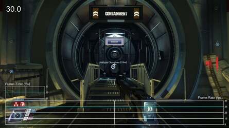 Patch 1.04 to the left, 1.05 to the right. The frame-time graph shows the stutter issue dramatically on the older code, while the new update reveals a perfectly consistent 33ms update.