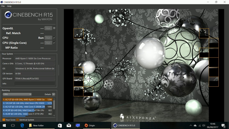 Cinebench renders this scene by allocating one 'tile' to each CPU thread in the multi-core benchmark. Ryzen 5 therefore renders 12 tiles simultaneously as it builds up this image.