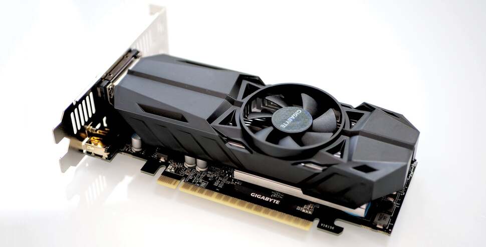 The Gigabyte GTX 1050 3GB is a half-height, dual-slot design that's very quiet in operation and requires no PCI Express power