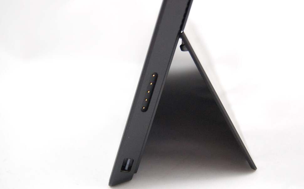 The kickstand is a bit beefier than it is on the RT model, presumably because the device itself is somewhat heavier. It's still only useable at one angle though and isn't as useful as we would have hoped in an office environment