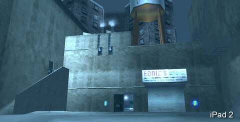 Claude's hideout is an example of differing levels of detail across all versions. As you can see, the PS2 version fares worst, the PC version gains a water tower, while the Xbox game is gifted additional AC ducting. The new iPad game is equivalent to the computer version.