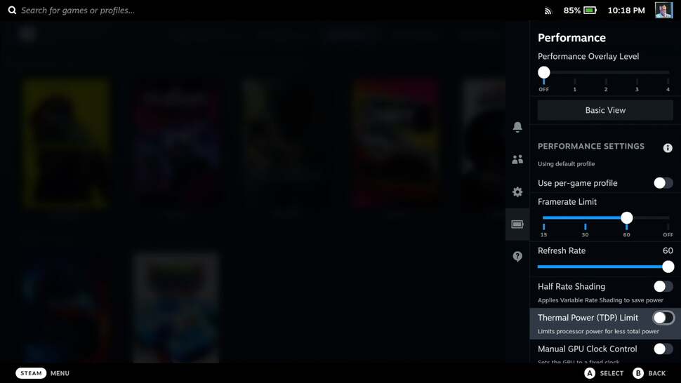 Valve deserves a lot of credit for introducing a bunch of system level features to tweak the experience, improve performance, or boost battery life. The 30fps cap and screen refresh selectables, in particular, are game-changers