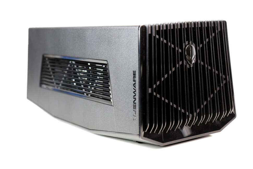 The Graphics Amplifier houses a standard desktop GPU and can be attached to the Alienware Alpha. It's rather large and quite loud