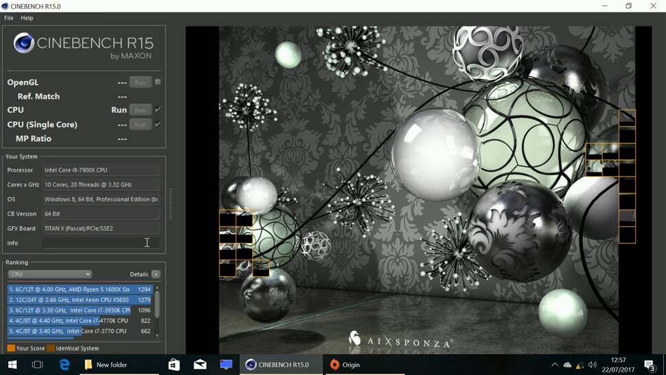 Cinebench renders this scene by allocating one 'tile' to each CPU thread in the multi-core benchmark. Here you can see the Core i9 7900X with its 20 threads in action.