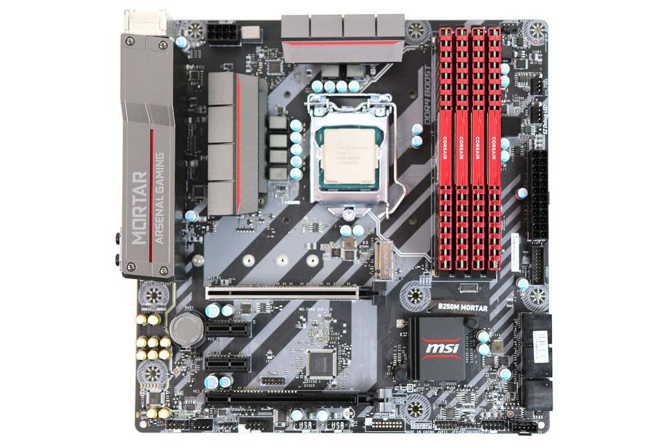 An overview of our test set-up - here, the Pentium G4560 is paired with an MSI B250M Mortar. It's at the more luxury end of the B250 chipset spectrum