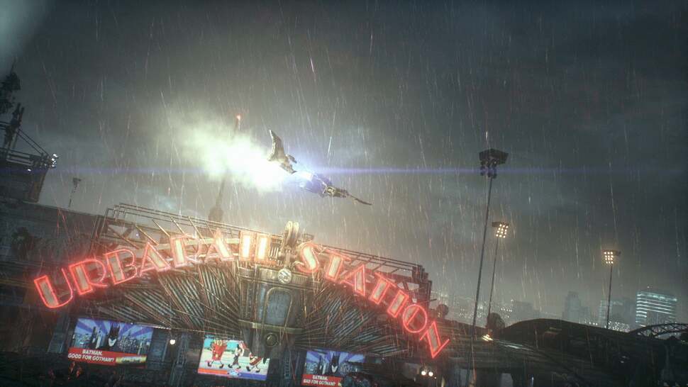 Gotham City's heavy rain replaces Arkham City's light now - now with proper splashes on hitting the ground, and each shaded by nearby lights