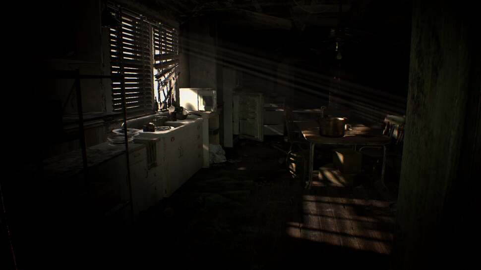 Bloom and light shafts penetrate through gaps in boarded-up windows, adding an eerie ambience to environment