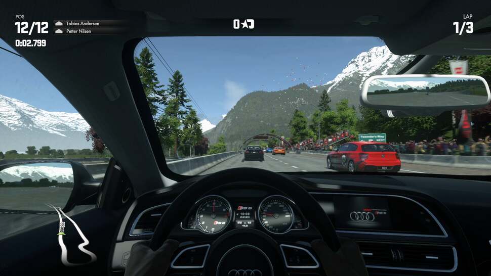 The rear view mirror is missing a fair amount of environment detail usually found in the course. Geometry complexity is reduced while spectators and trees are missing