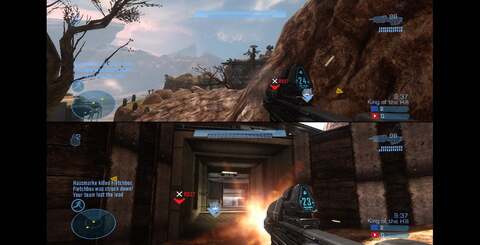 In split-screen two-player mode, the look is very similar to Halo 3. The screen shifts to a 4:3 configuration with two widescreen displays in the centre of the image.