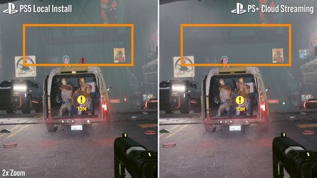 A range of fortunes - Wonder Boy's 2D gameplay and simple graphics (left) make for a much easier video stream than Cyberpunk 2077 during a gunfight/rainstorm, with the result that the former looks near-identical to running the game locally but the latter does not.