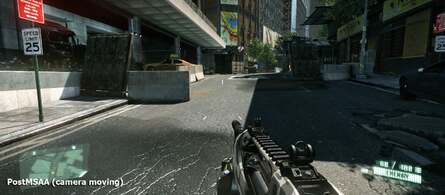 Crytek isn't keen on its PostMSAA technique being described as temporal anti-aliasing, which the developer says is essentially motion blur. Here we see a comparison between its definition of TAA and the actual effect on PostMSAA - both shots taken with the camera in motion.