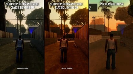The classic lighting mode hews much closer to the look of the original games, particularly in San Andreas.
