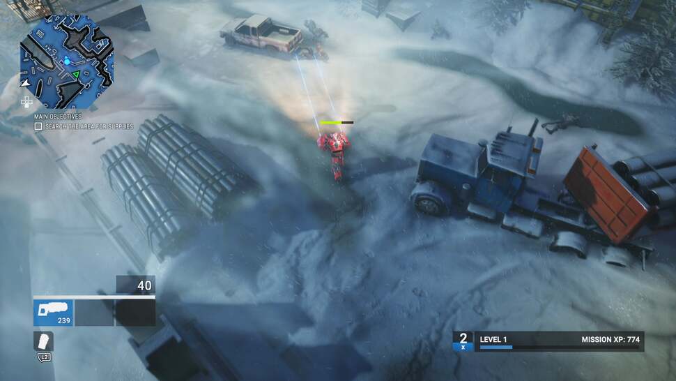 Simulated wind and particles is a nice touch. In this scene gusts of snow weave around objects in the environment, with physics-based properties determining how they react