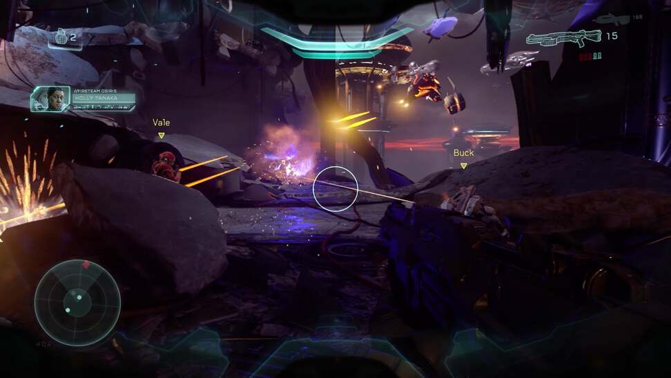 Dynamic lights beautifully play off the surface of different materials. Note the soft blue glow along the view weapon in addition to the highlights on the floor surface. Sparks, visible in front of the player, also bounce around in a convincing manner