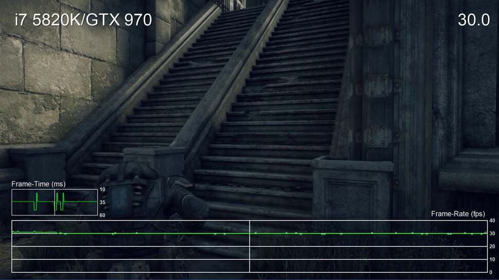 This image showcases the problem we encountered with the game's frame-pacing at 30fps. Each frame should be delivered every 33ms, giving a consistent playback - instead the delivery is uneven. This occurs with most 30fps caps on PC - the difference being that in normal win32 titles, this can be corrected by third party tools or GPU driver control panel tweaks. UWP locks out this kind of functionality.