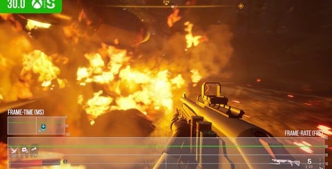 Top-left represents Redfall for the most part on both consoles - a locked 30fps with consistent frame delivery. However, top-right, you get some idea of the intrusive traversal stutter. On the bottom, you can see how taxing effects work can hit Series X hard - and Series S less so.