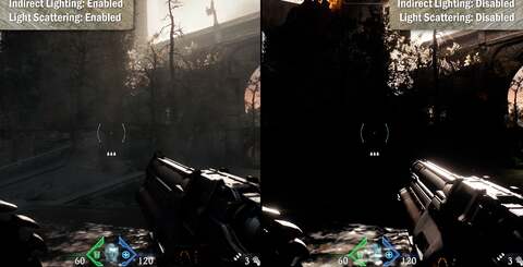 Doom: The Dark Ages uses an irradiance cache in probe volumes (top left) with the balance of the images showing how the RT effects look when enabled and disabled. As with all the shots on this page, click on the images for higher resolution versions.