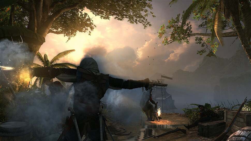 Effects are greatly improved upon with the next-gen push. Silky-smooth billows of smoke burst from Kenway's Flintlock pistols, while splashes surrounding crashing galleons look especially sharp