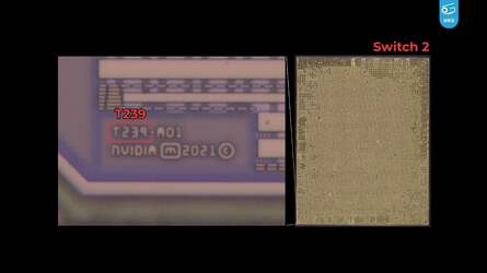 Geekerwan's analysis of the Switch 2 T239 processor results in a basic floor plan of the chip featuring CPU, GPU, memory controllers and more (left). On the right, 2021 is confirmed as the year T239 was final - or 'taped out'.