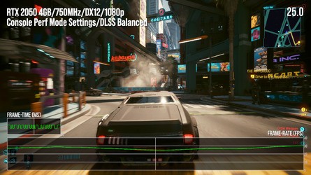 Here's how our ultra-low spec Ampere GPU copes with Cyberpunk 2077 2.0 tuned to PS5's performance mode settings with DLSS at 1080p balanced mode. Essentially, we're looking at 25fps to 30fps. Judge the image quality yourself by clicking on the thumbnails.