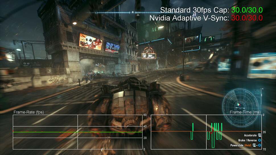 Here's Batman: Arkham Knight running with the game's standard 30fps cap, and the same sequence running with Nvidia's half-rate adaptive v-sync. Those green spikes show varying frame-times - 16ms, 33ms, 50ms and even higher: that's the game's default mode. Now check out the red line, representing Nvidia's half-rate adaptive v-sync. It's a 33ms lock as it should be, with just minor fluctuations.