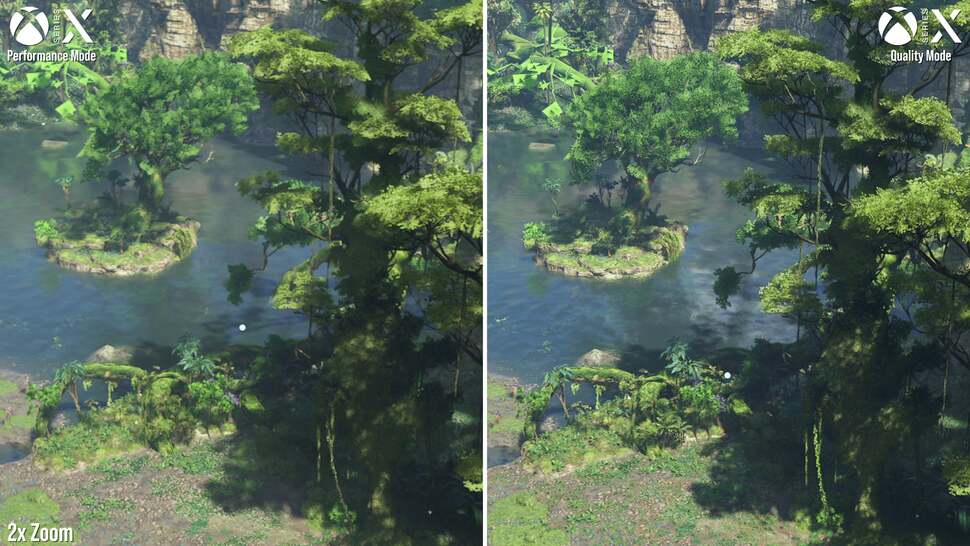 A quick shot of the two modes using Series X as a test. Resolution takes a hit, while foliage and shadow LODs are also reined in to target 60fps on the performance mode