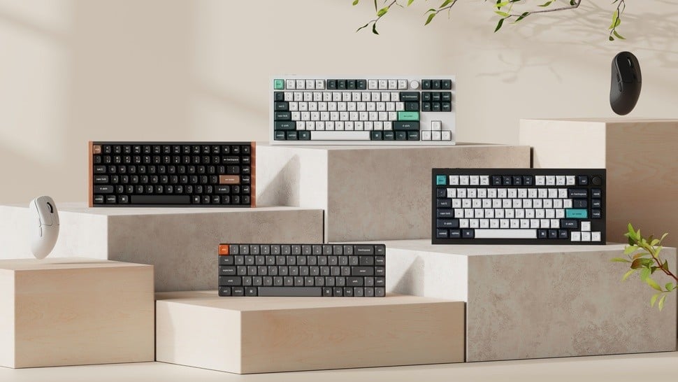 Keychron keyboards and mice on wooden boxes