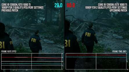 A look at GTX 1080 Ti 1080p performance on the left, pre- and post-patch. Then, on the right, matching settings with PS5 at 1440p FSR 2 balanced mode, a look at how all of our tested Pascal chips line up against the Sony console.