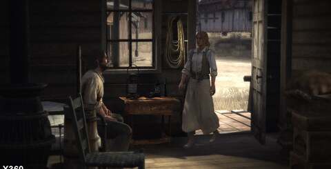 One slightly bizarre difference is that the PS3 version appears to handle light entering internal environments from the doors and windows. Here, in the saloon shot (top), light from the window is cast upon the wall and the female NPC, who casts a nice shadow - but only on PS3. In the second screengrab, dynamic light on the floor from the opening door is again only present on PS3.