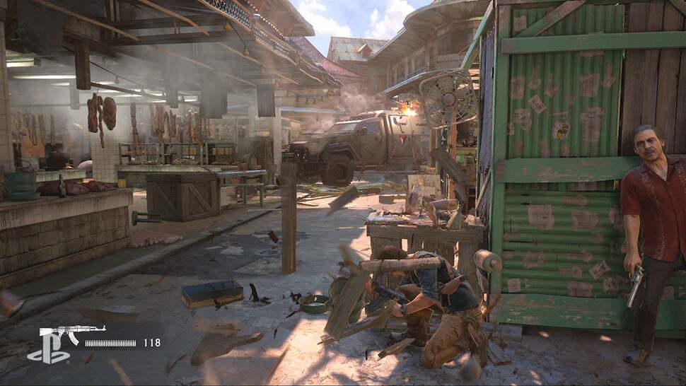 The jeep is rigged to use Havok physics model, with all objects across the city independently knocking against nearby items when struck