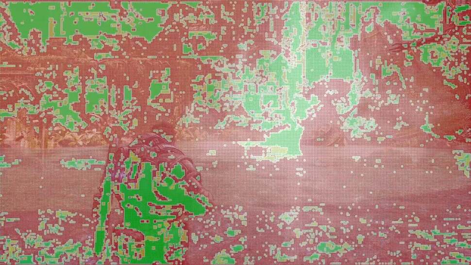 A visualisation of VRS in a Gears 5 frame. Red tiles are rendered at full resolution, green at half resolution while yellow is half horizontal or half vertical resolution