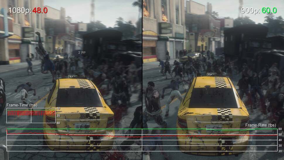 Dead Rising 3 at its highest quality presets closely matches the Xbox One version, but the title targets the same 720p30 profile by default. Here's a snapshot of 1080p and 900p performance on a PC with an overclocked Core i5 3570K running at 4.5GHz, in combination with a GTX 780.